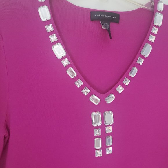 PRETTY IN HOT PINK Women's V Neck Bejewelled Top 3/4 Sleeve Clear Faux Jewels M - Picture 2 of 5